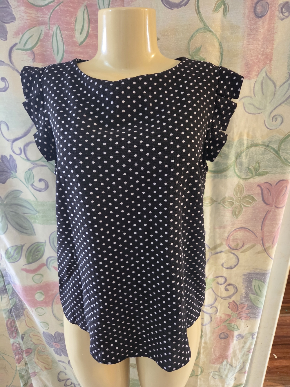 Monteau Navy Polka Dot Flutter Sleeve Blouse